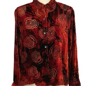 Chico's slik blend burgundy red burn out velvet blouse size 2 gothic Fariy